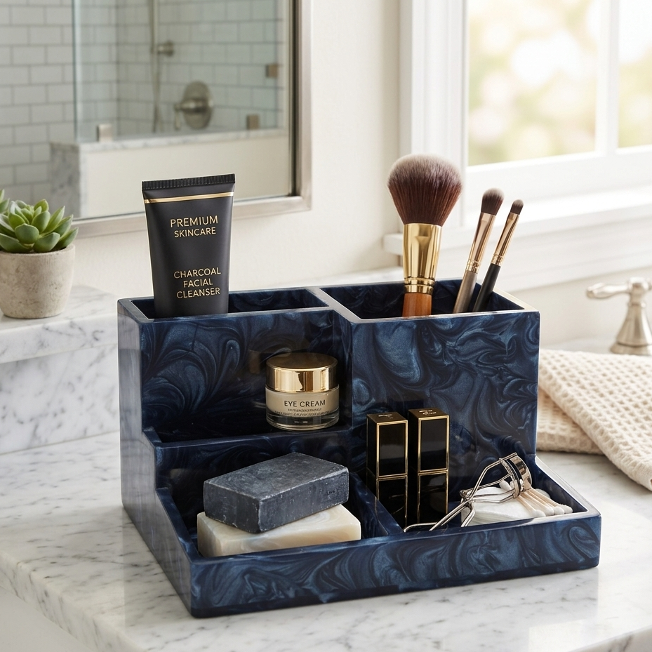  Blue marbled desk organizer with beauty products on a marble surface 