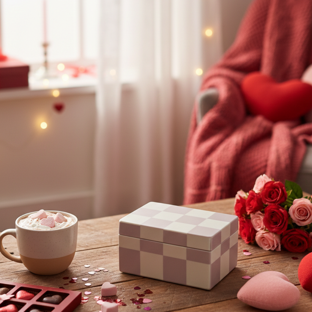  Valentine's Day scene with hot chocolate, flowers, and a gift on a wooden table. 