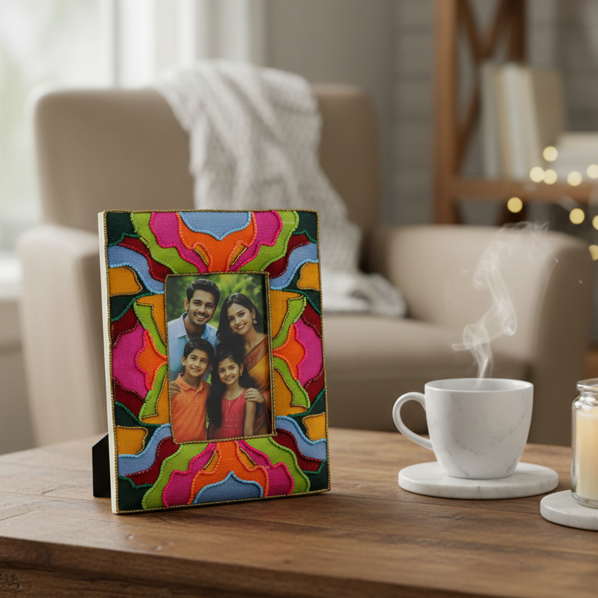 Artisan Hand-Beaded Multi-Color Floral Motif Photo Frame