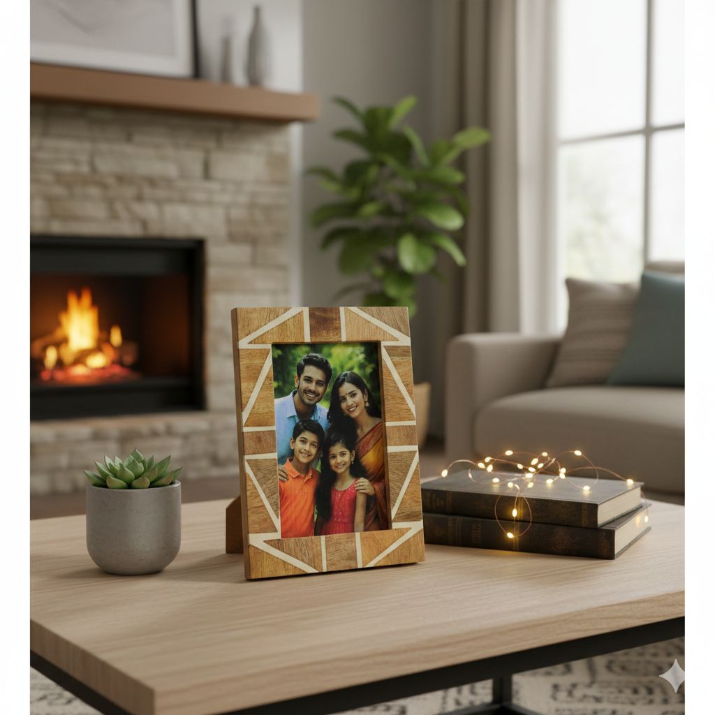  Wooden photo frame with family picture on a coffee table in a living room. 