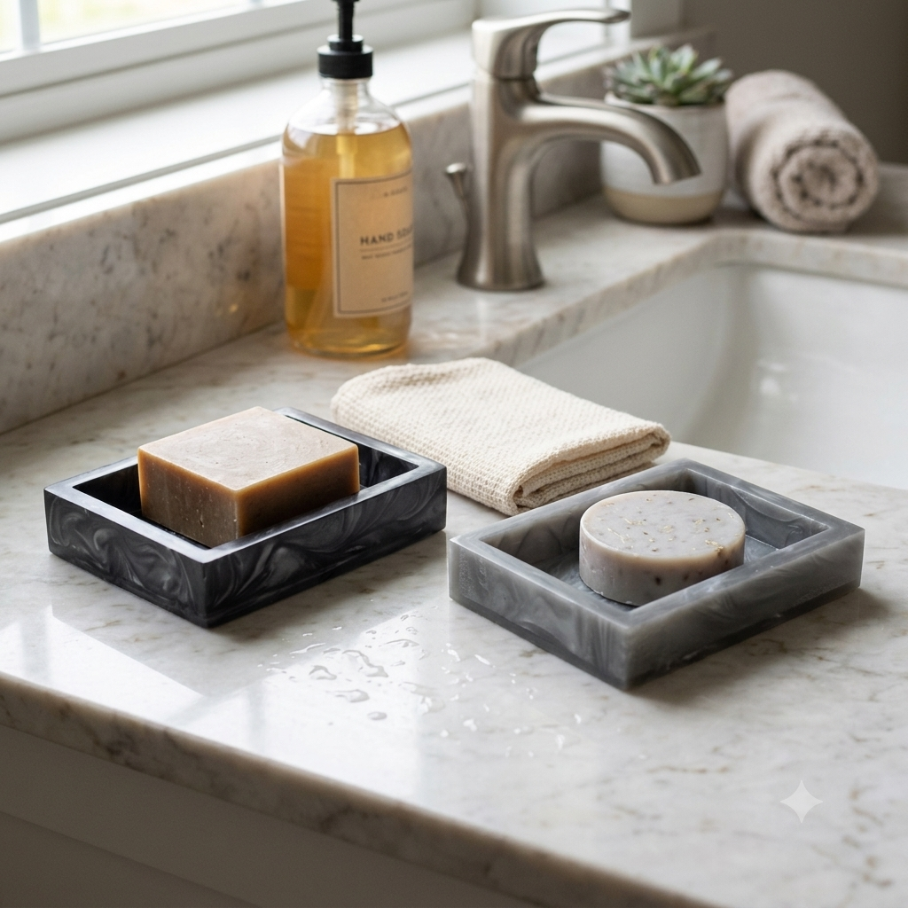  Marbleized Design Resin Soap Dishes – Set of Two 