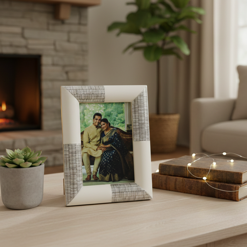  Decorative photo frame with a couple's picture on a coffee table in a living room. 