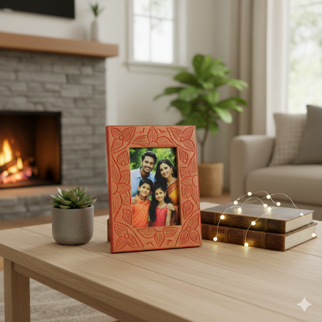 Handcrafted Floral Carved Wood & Resin Photo Frame