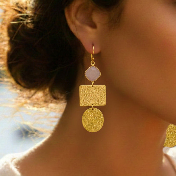  Geometric shaped crystal  danglers, Description-Elegant Austrian crystal danglers with geometric metal accents. Very modern outlook will go well with tradition and western clothing 