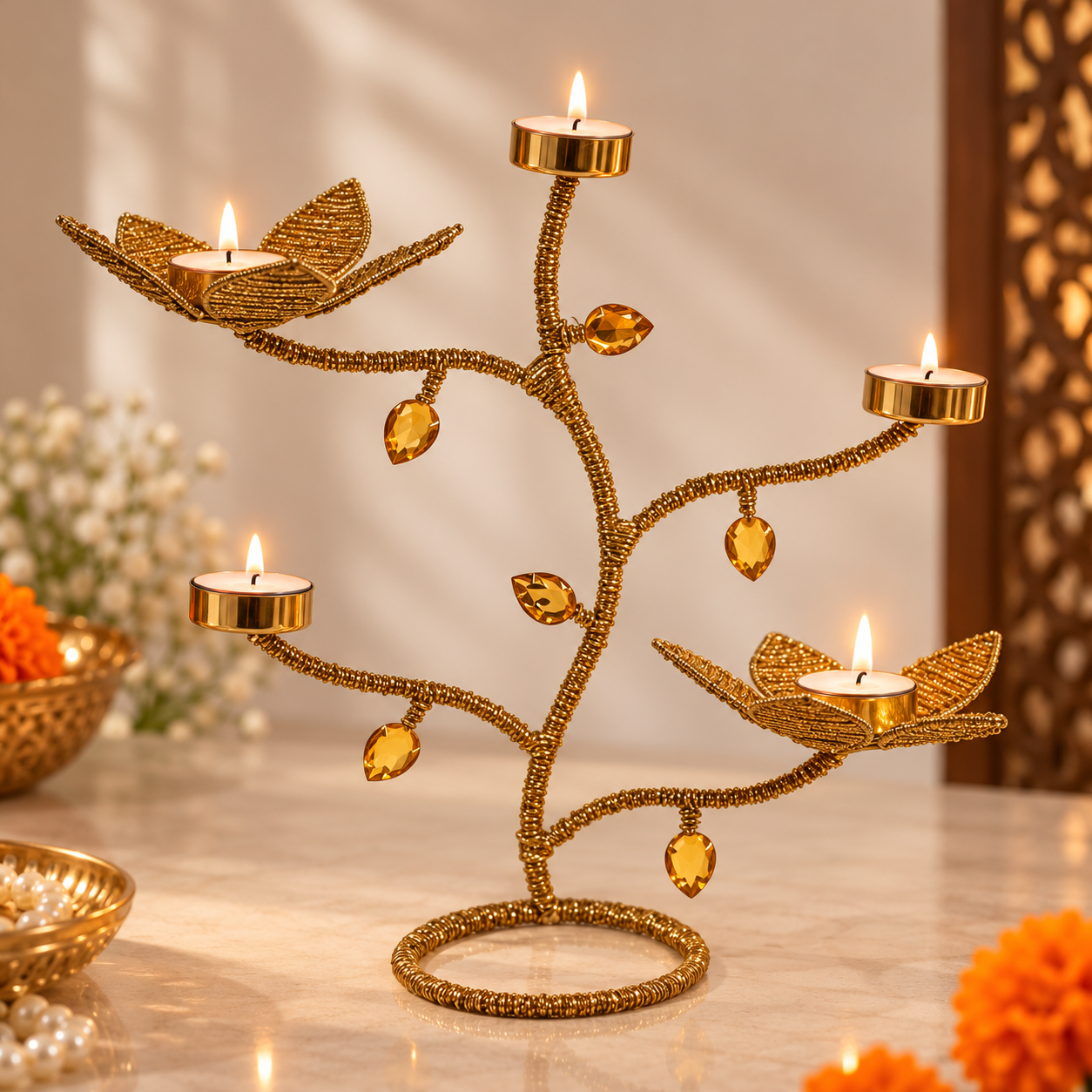 Golden Branching Tealight Tree Holder