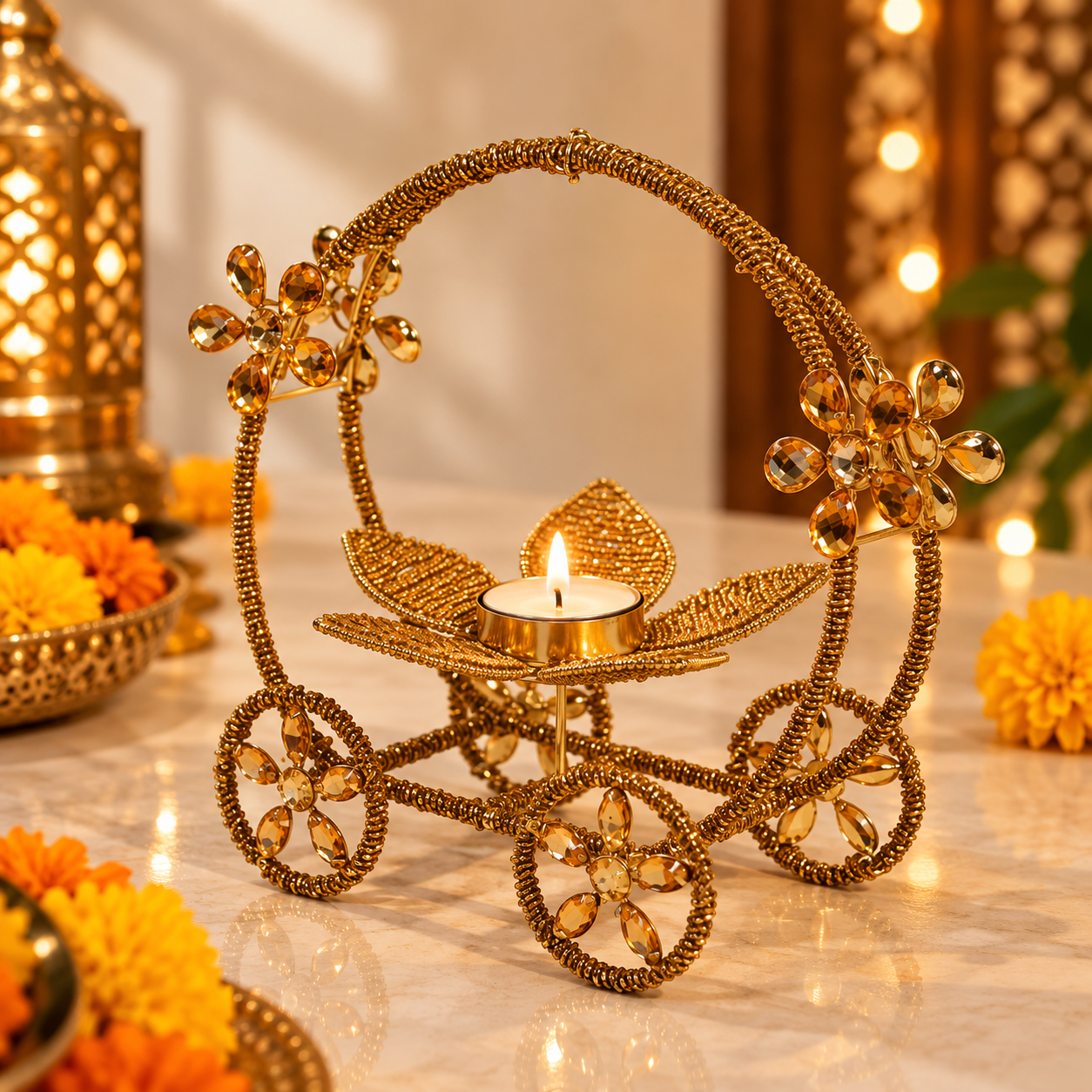 Golden Beaded Lotus Tealight Carriage