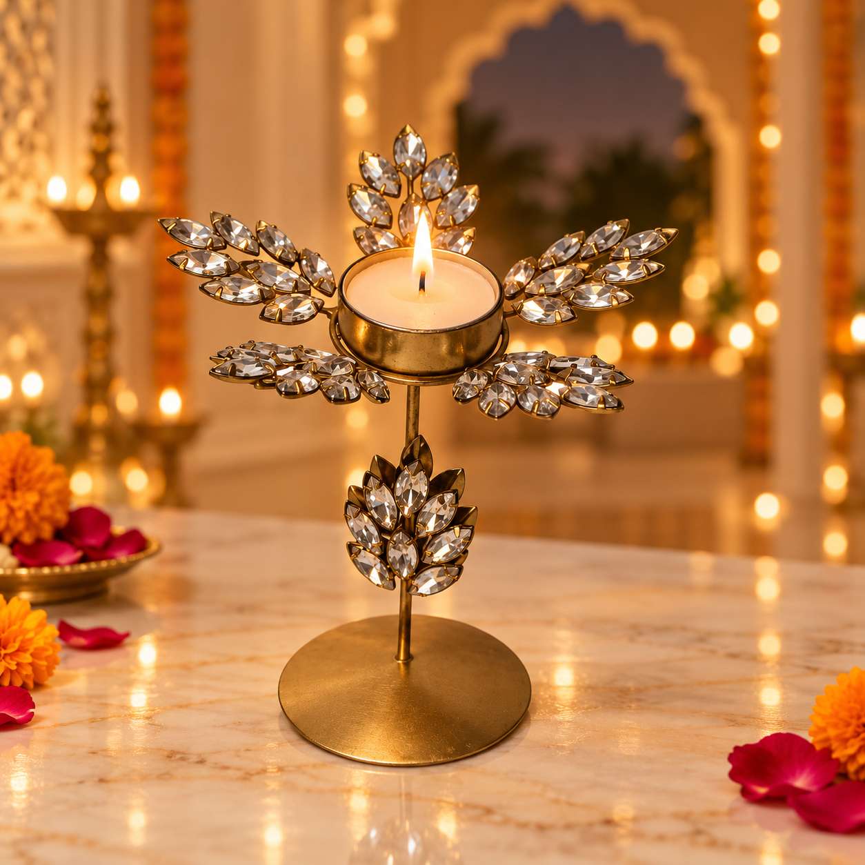 Handmade Golden Crystal Leaf Tealight Candle Holder