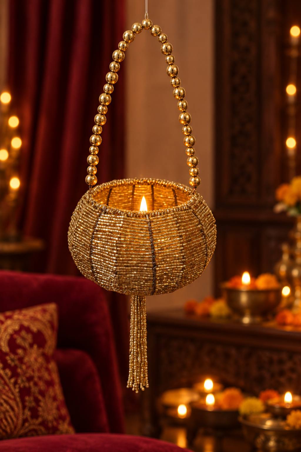 Golden Beaded Hanging Diya Tealight Holder with Bead Handle & Tassel
