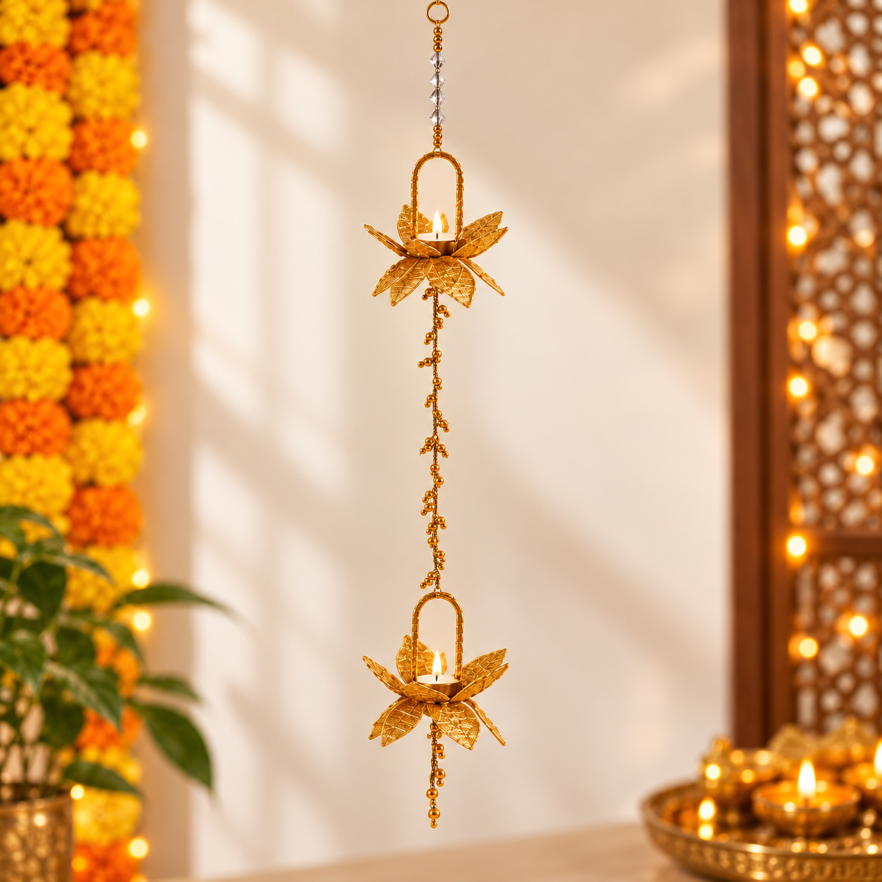 Golden Lotus Diya Hanging Ornament