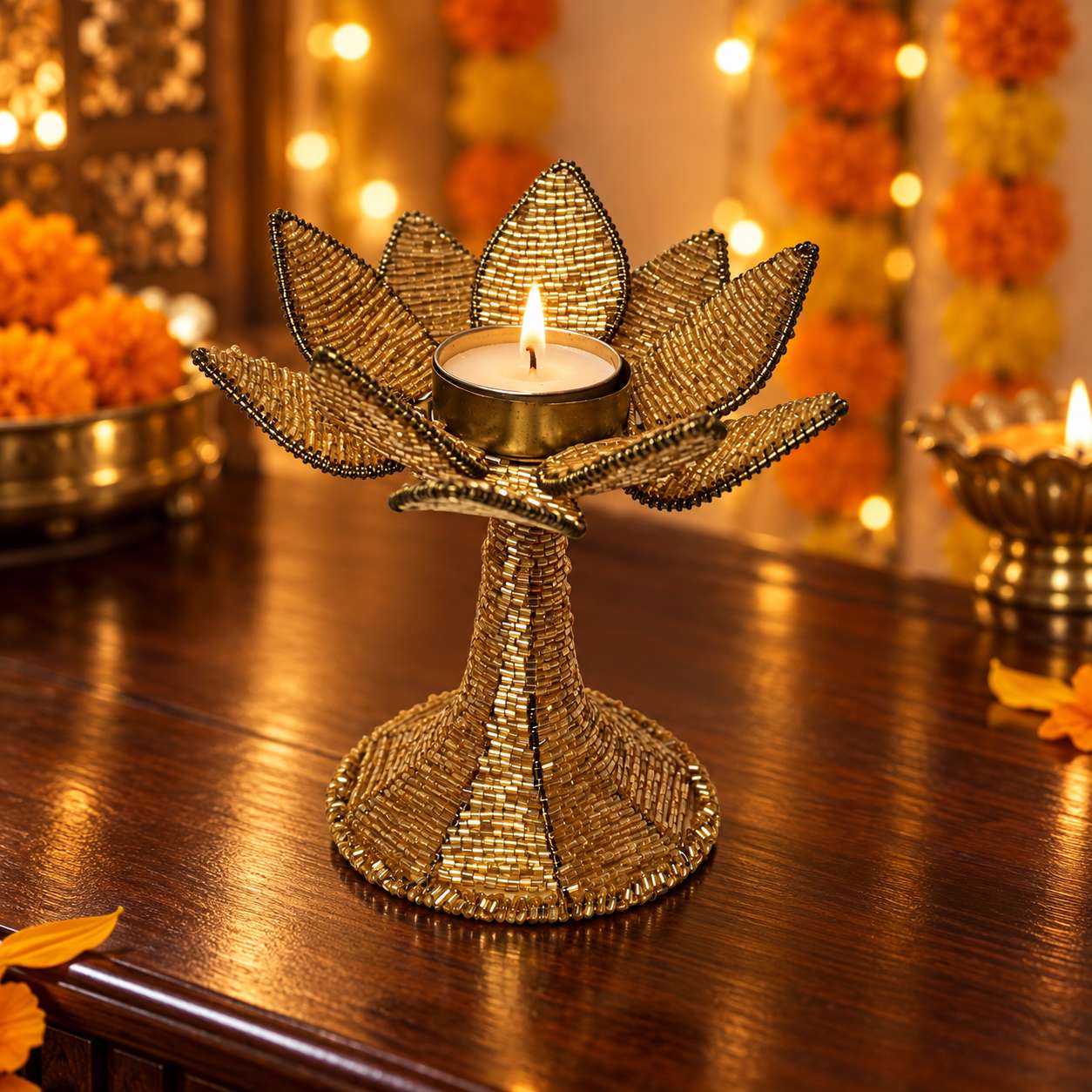 Handmade Champagne Gold Beaded Lotus Tealight Candle Holder