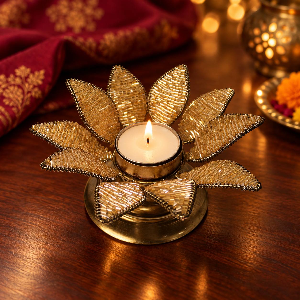 Golden Beaded Lotus Tealight Candle Holder