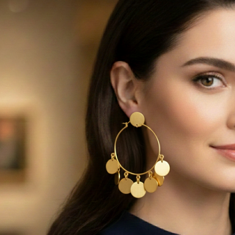  Elegant gold electroplated hoops with disc charms, adjustable loops perfect for party. Matching circular gold stud, ensuring a secure and comfortable fit on the earlobe. 