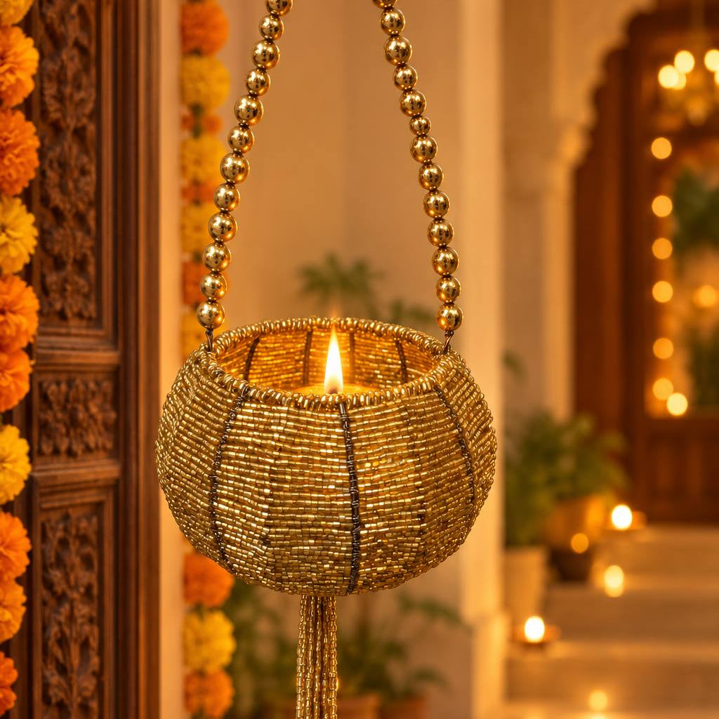 Golden Beaded Hanging Diya Tealight Holder with Bead Handle & Tassel