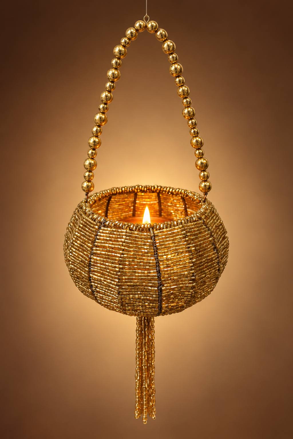 Golden Beaded Hanging Diya Tealight Holder with Bead Handle & Tassel