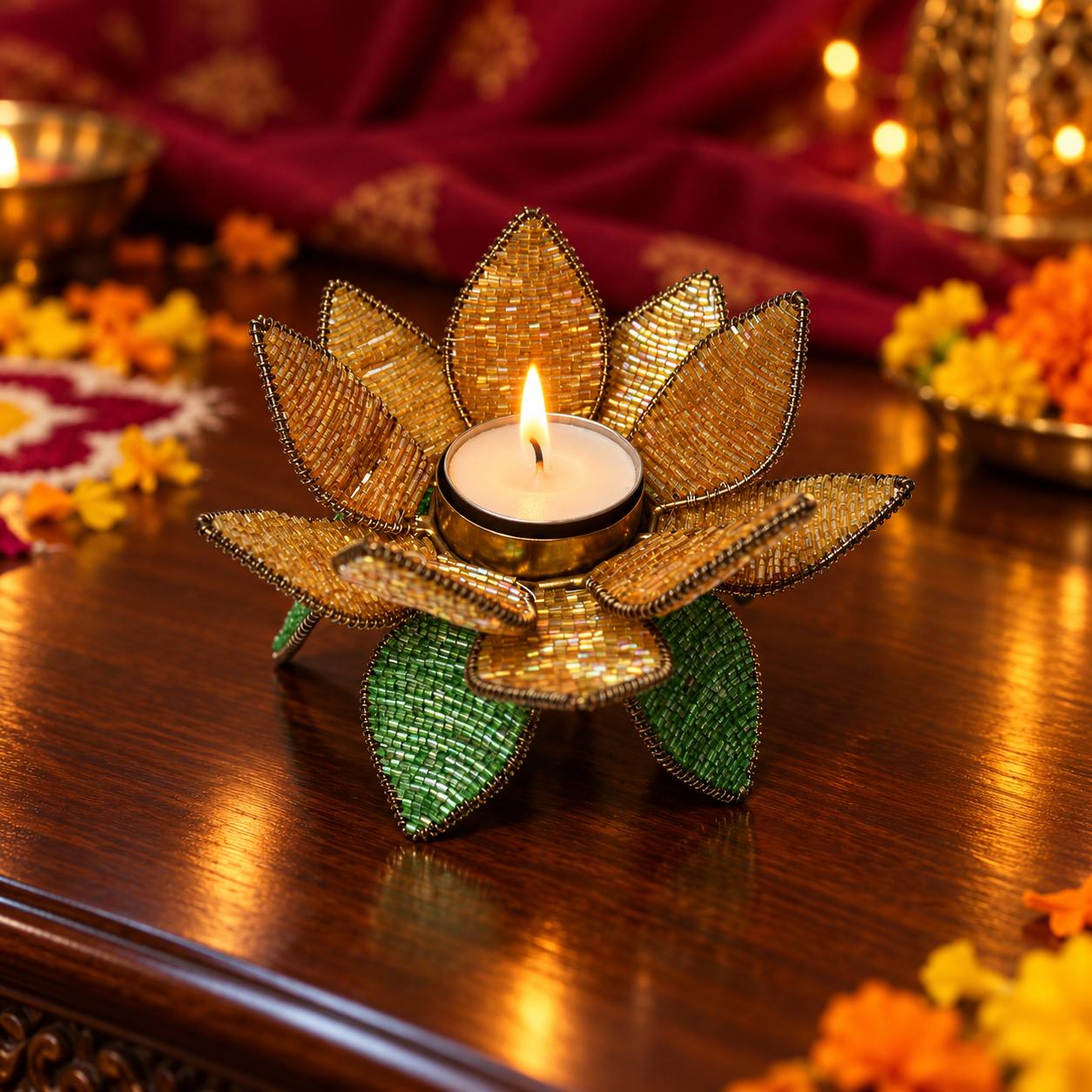 Handcrafted Golden Beaded Lotus Tealight Holder