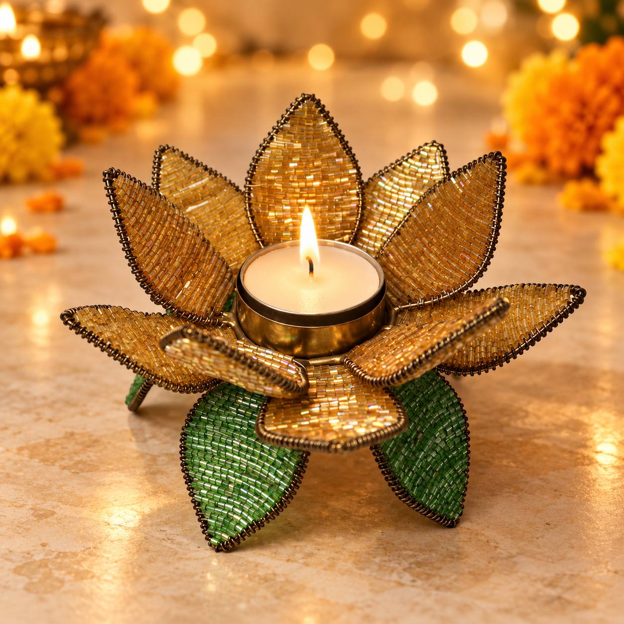 Handcrafted Golden Beaded Lotus Tealight Holder