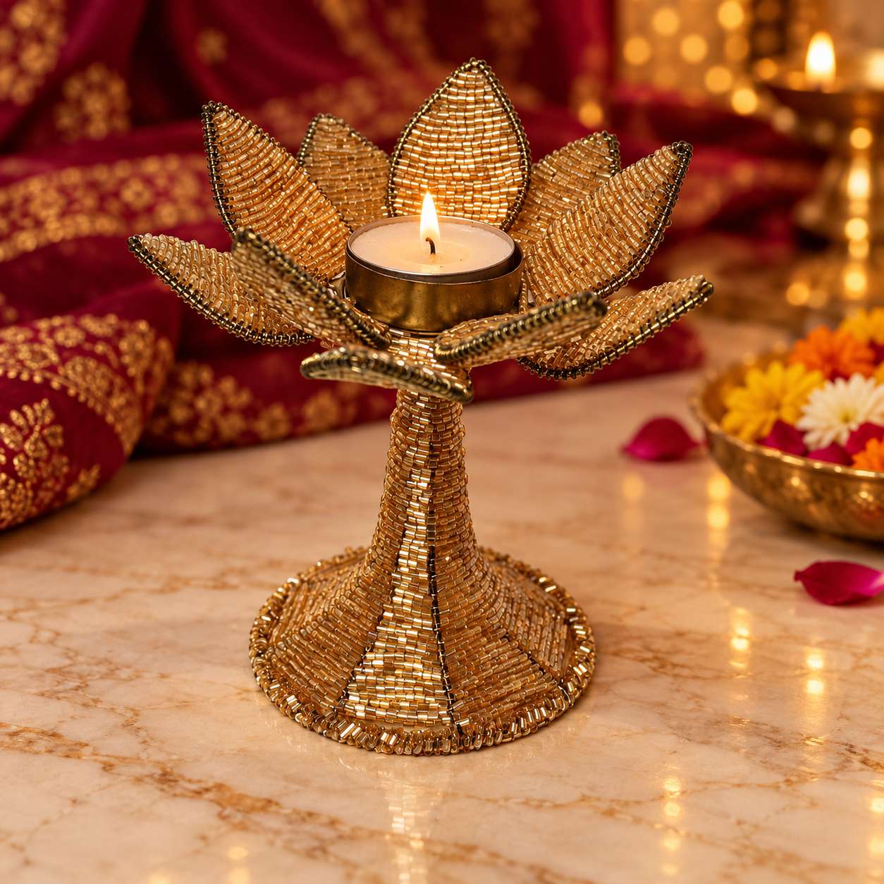 Handmade Champagne Gold Beaded Lotus Tealight Candle Holder