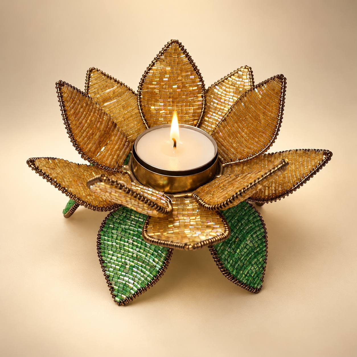 Handcrafted Golden Beaded Lotus Tealight Holder