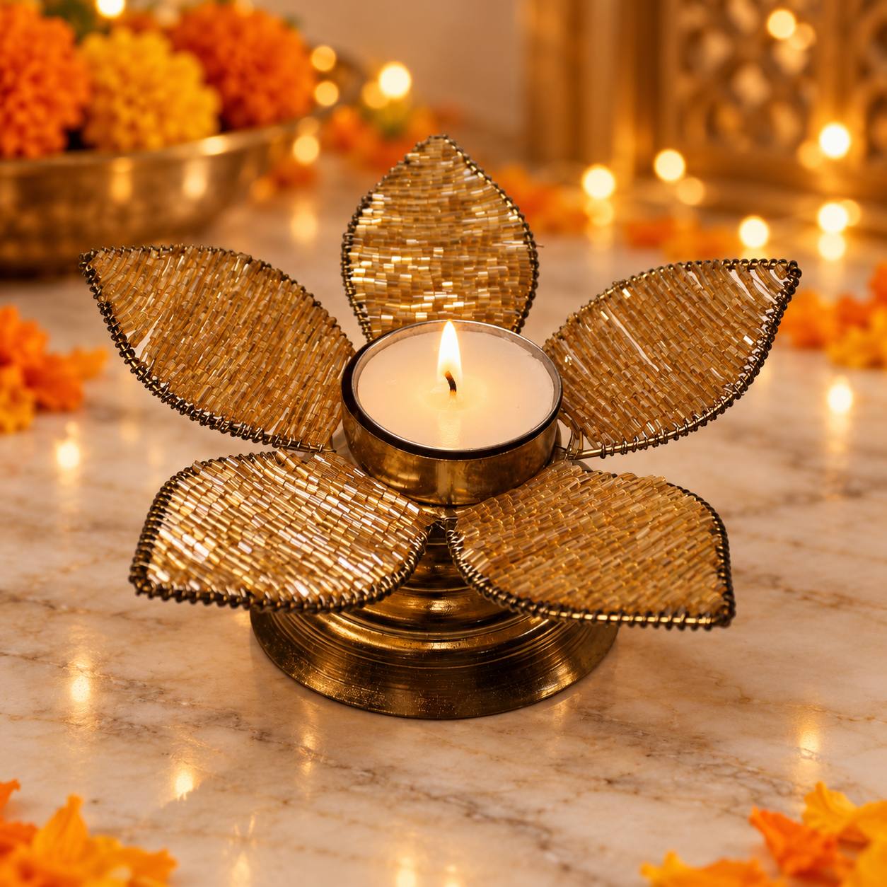 Handcrafted Golden Beaded Lotus Tealight Holder