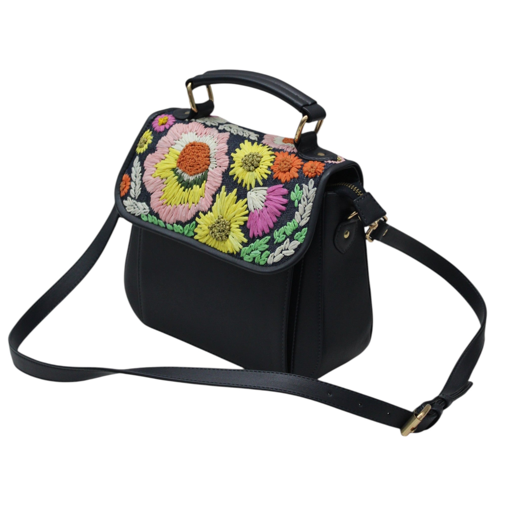 Hand Embroidered Raffia & High Quality PU Cross Body Handbag