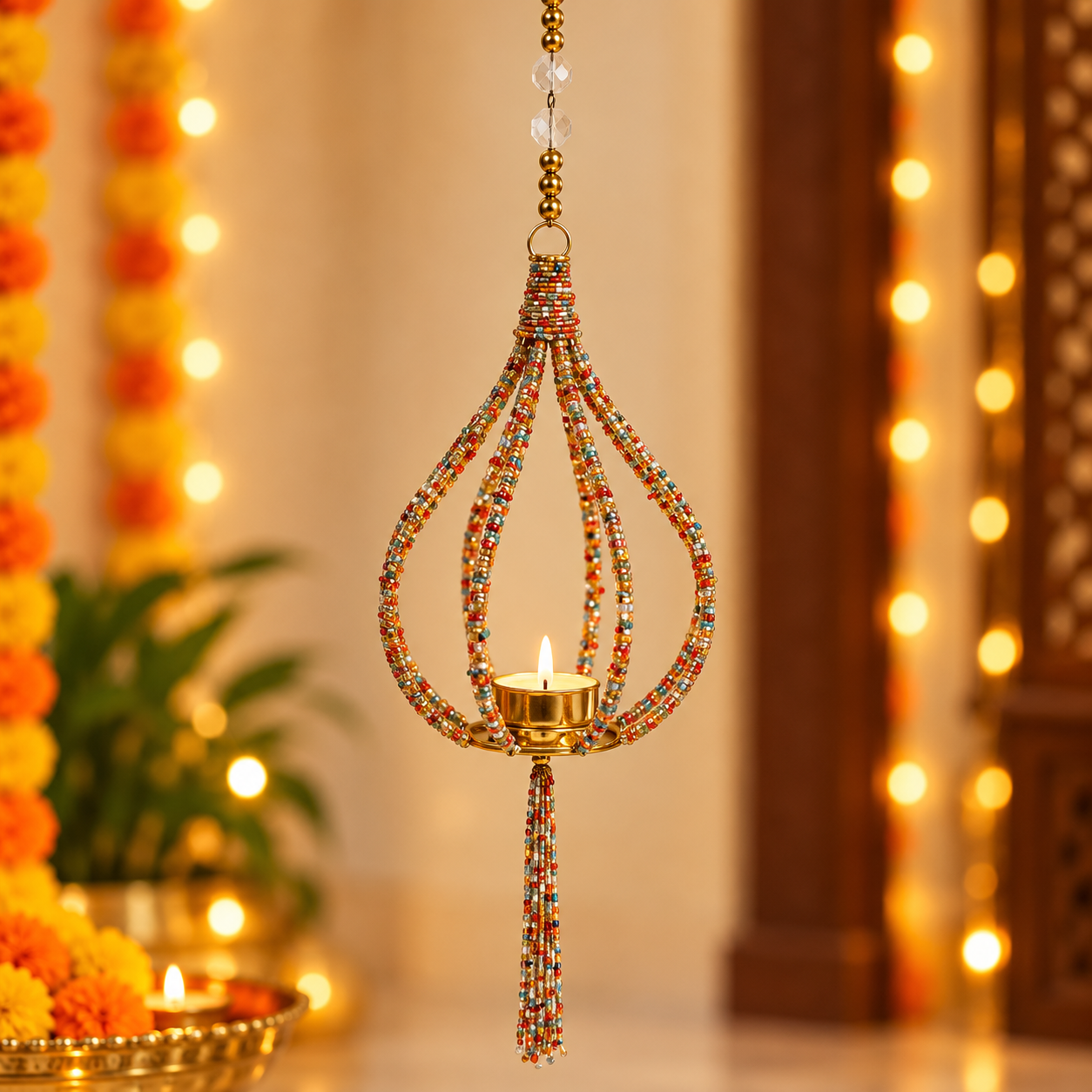 Beaded Teardrop Hanging Tealight Holder