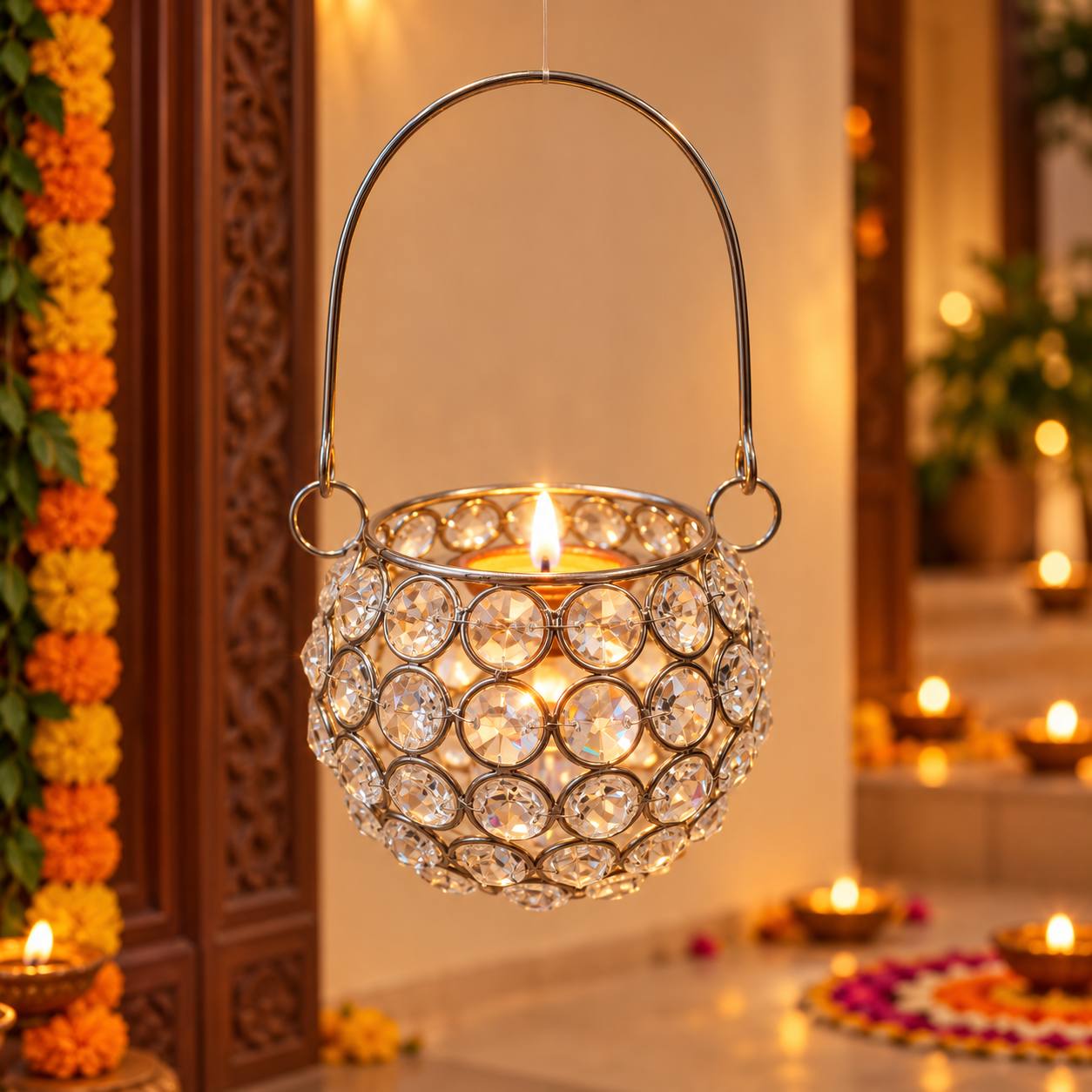 Crystal Tealight Candle Holder with Hanging Handle