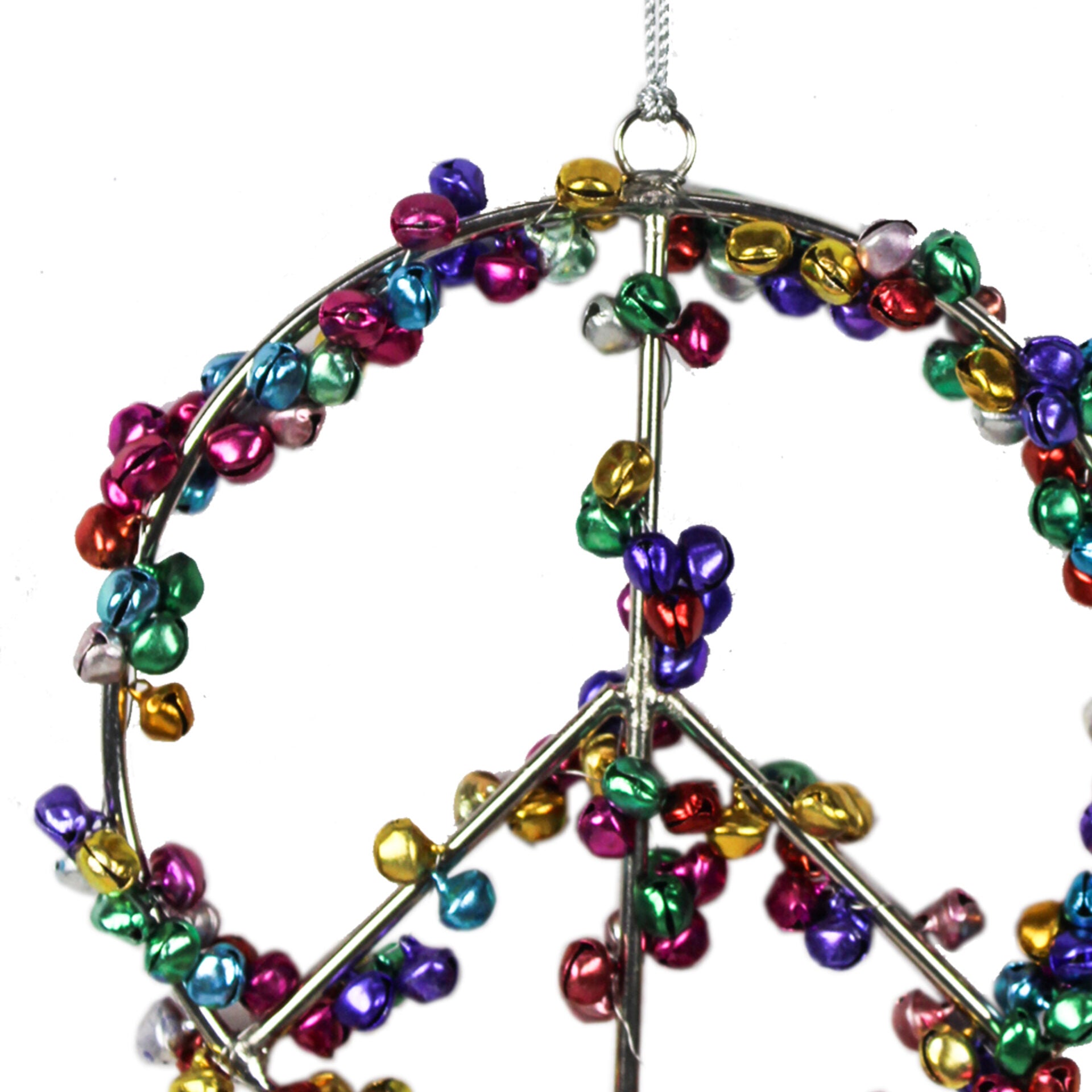 Set of 2 Multicolored "PEACE" Symbol with Jingle Bells Christmas Tree Ornaments