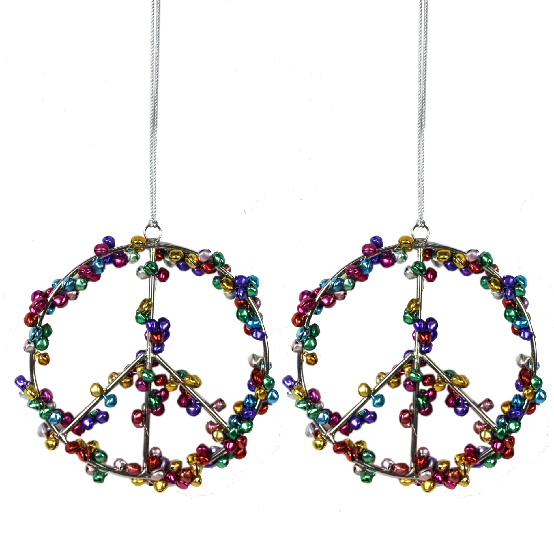 Set of 2 Multicolored "PEACE" Symbol with Jingle Bells Christmas Tree Ornaments