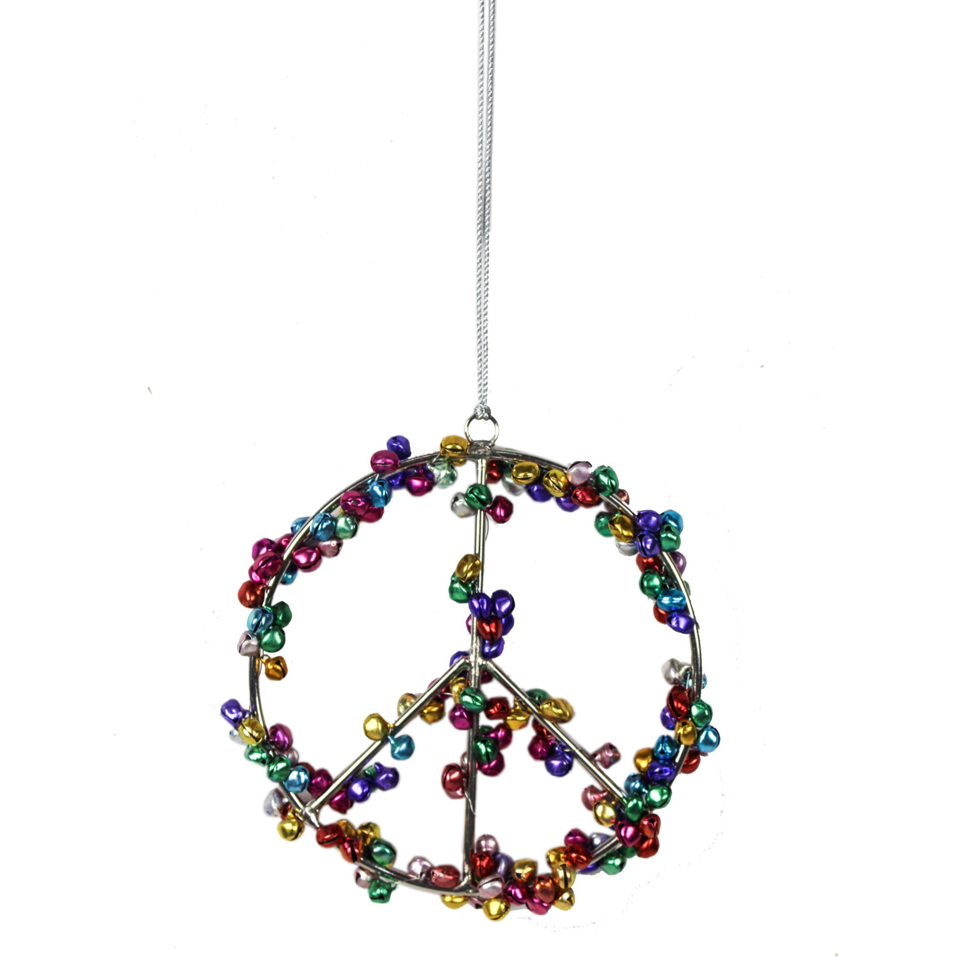 Set of 2 Multicolored "PEACE" Symbol with Jingle Bells Christmas Tree Ornaments