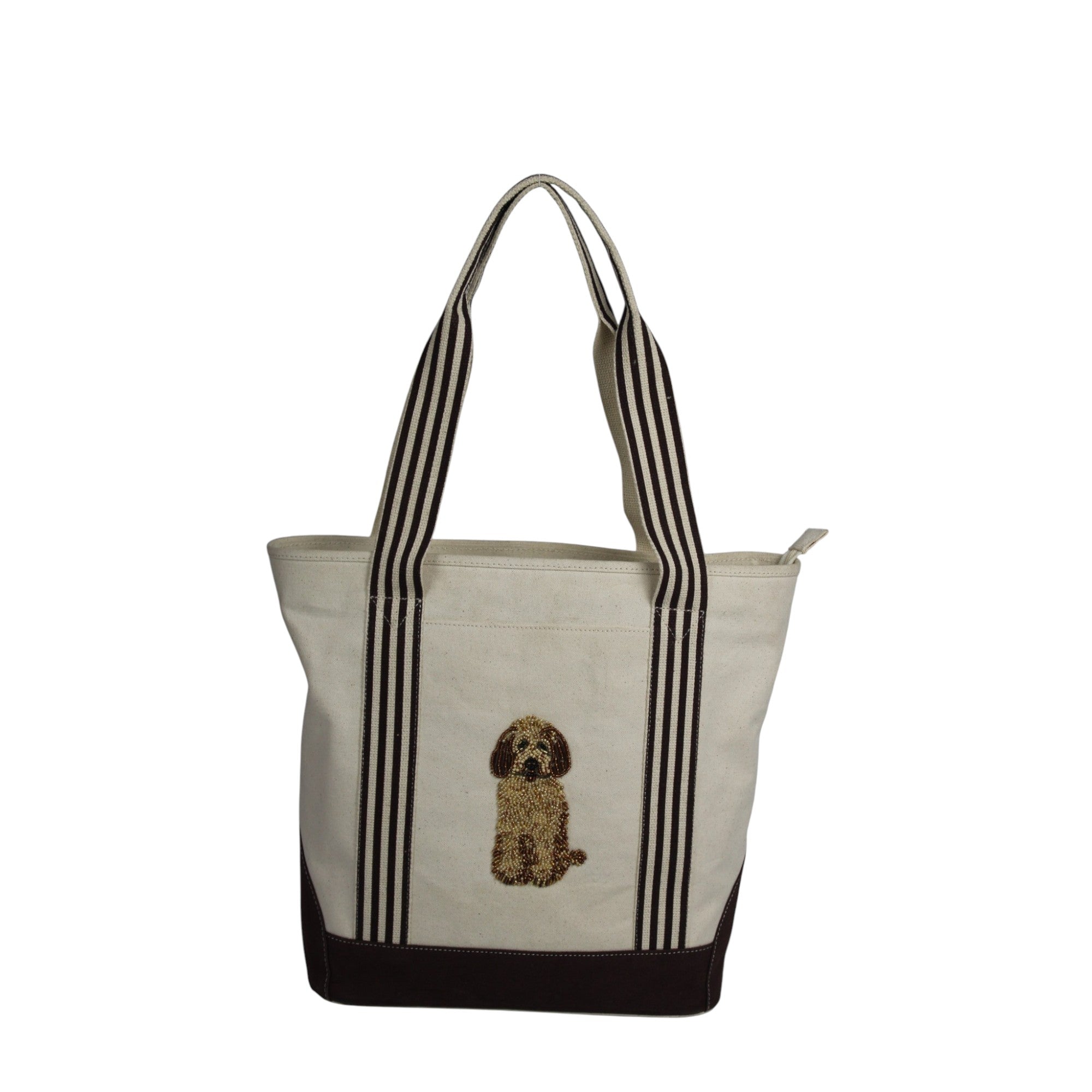  Striped Tote Bag with Embroidered Dog Motif 