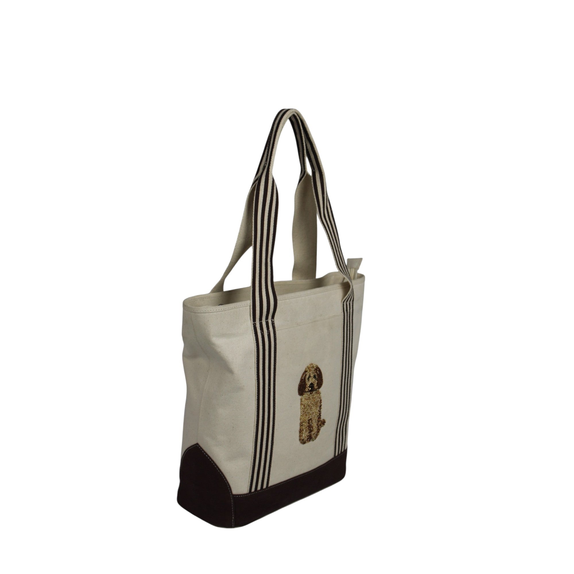 Striped Tote Bag with Embroidered Dog Motif