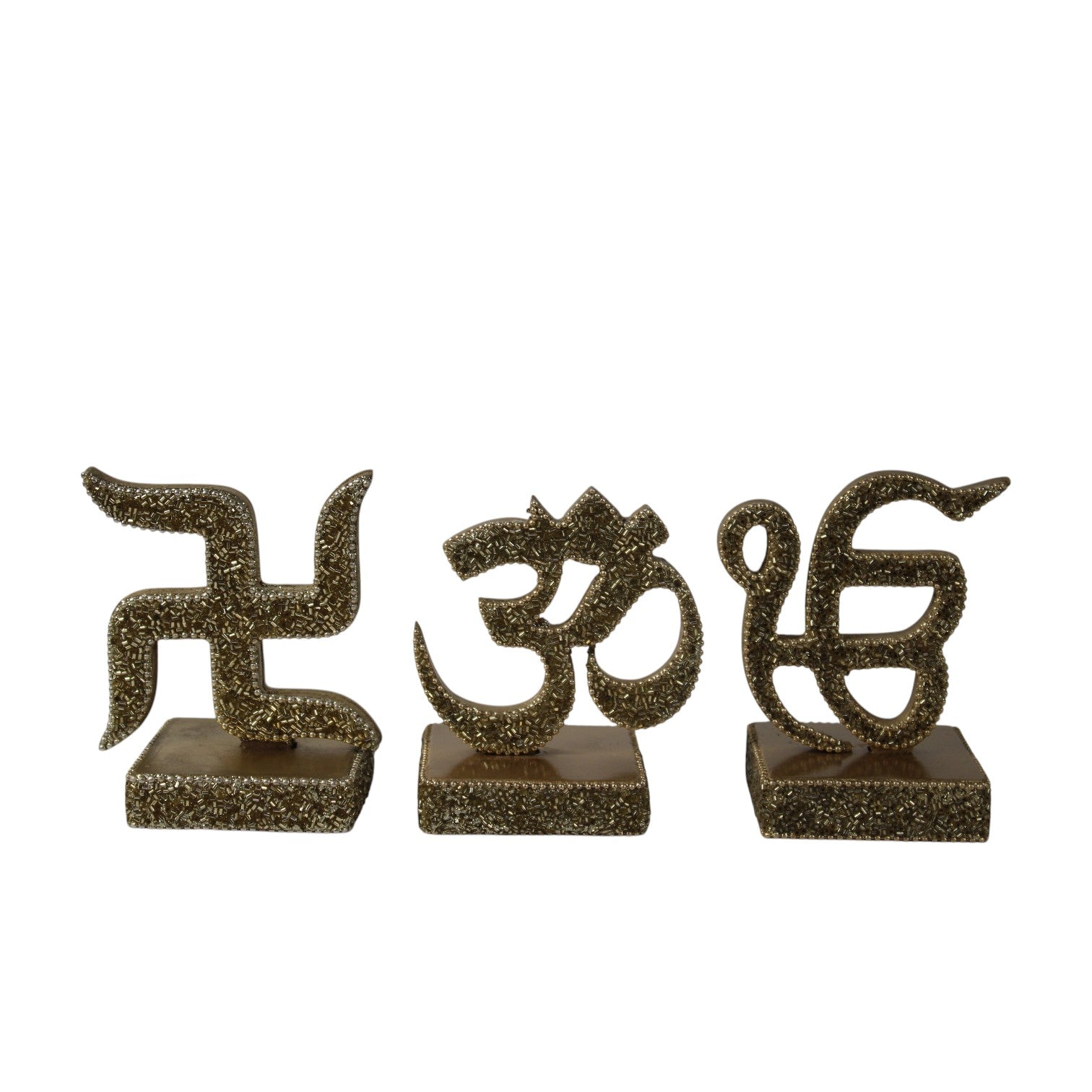 3-Piece Spiritual Symbol Decorative Tabletop Set – Om, Ik Onkar & Swastik Showpieces