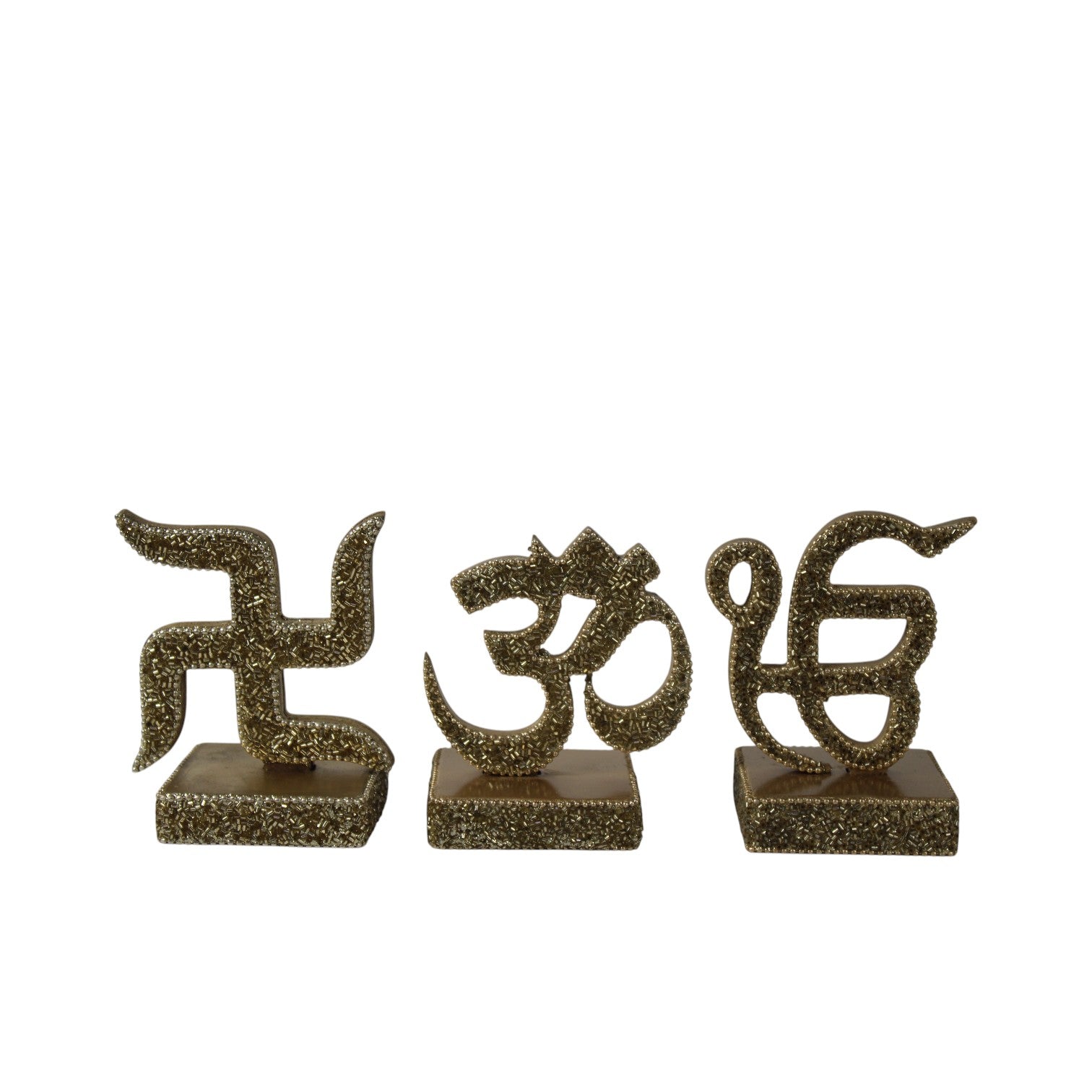 3-Piece Spiritual Symbol Decorative Tabletop Set – Om, Ik Onkar & Swastik Showpieces