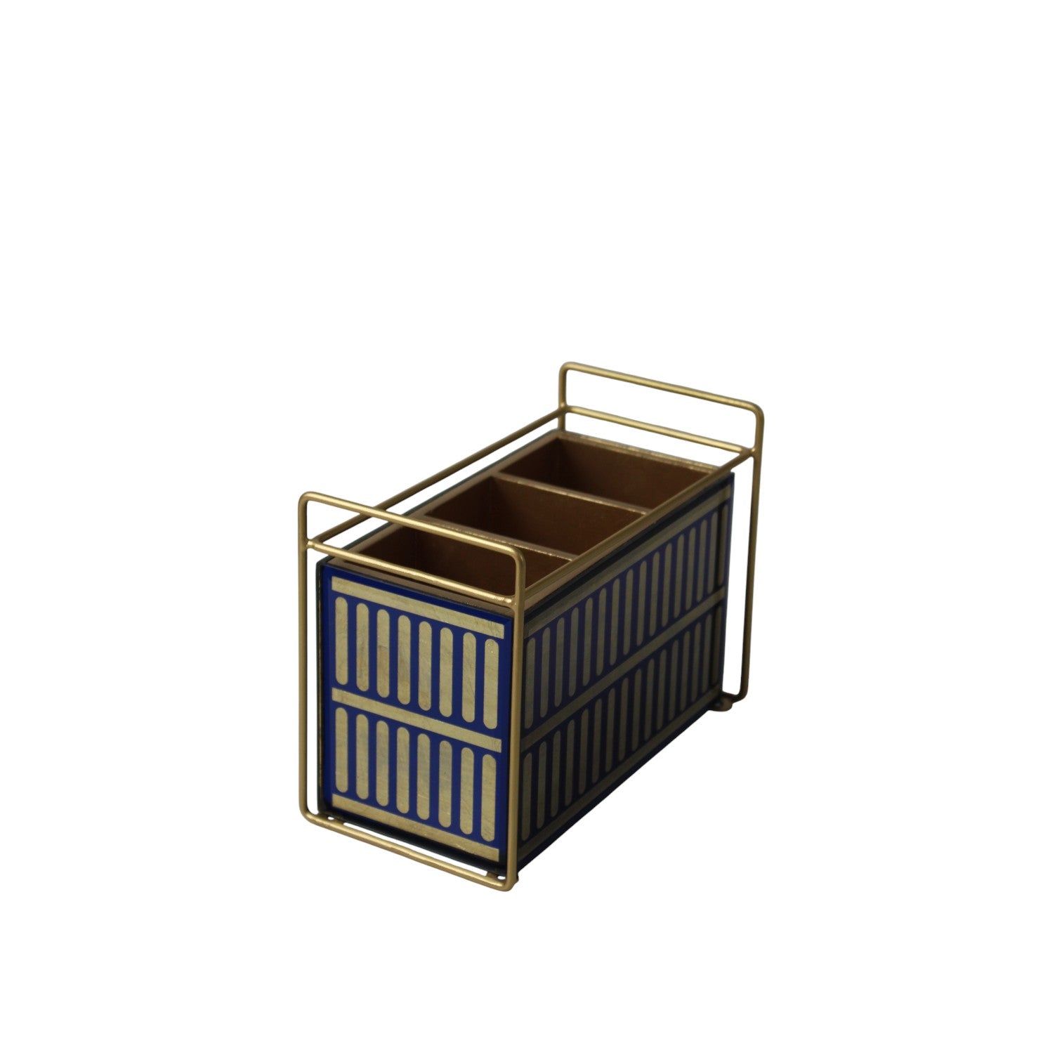 Royal Blue & Golden Cutlery Holder – 3 Compartment Dining Table Organizer