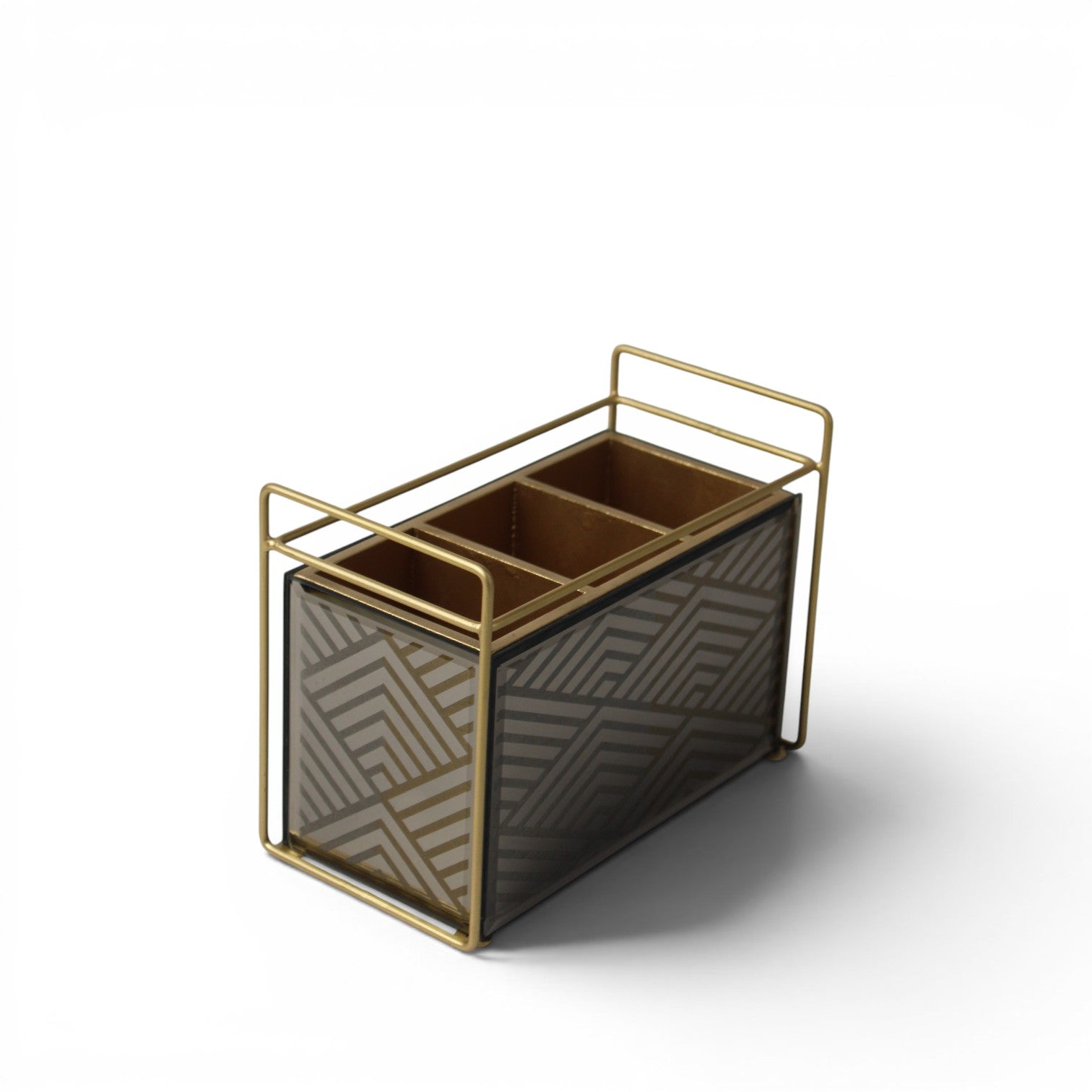 Modern Smoked Glass & Gold Cutlery Holder – 3 Compartment Table Organizer