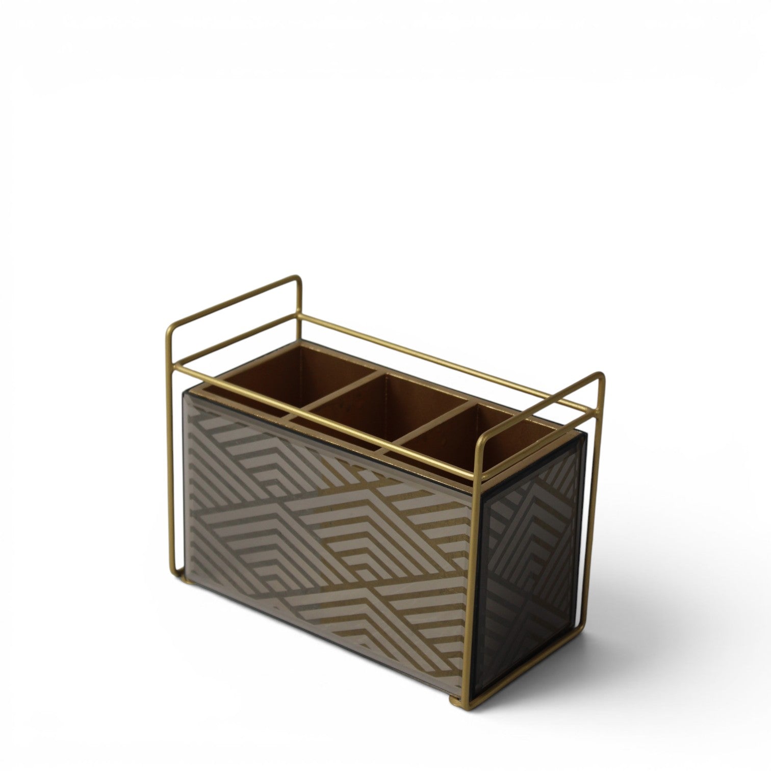 Modern Smoked Glass & Gold Cutlery Holder – 3 Compartment Table Organizer