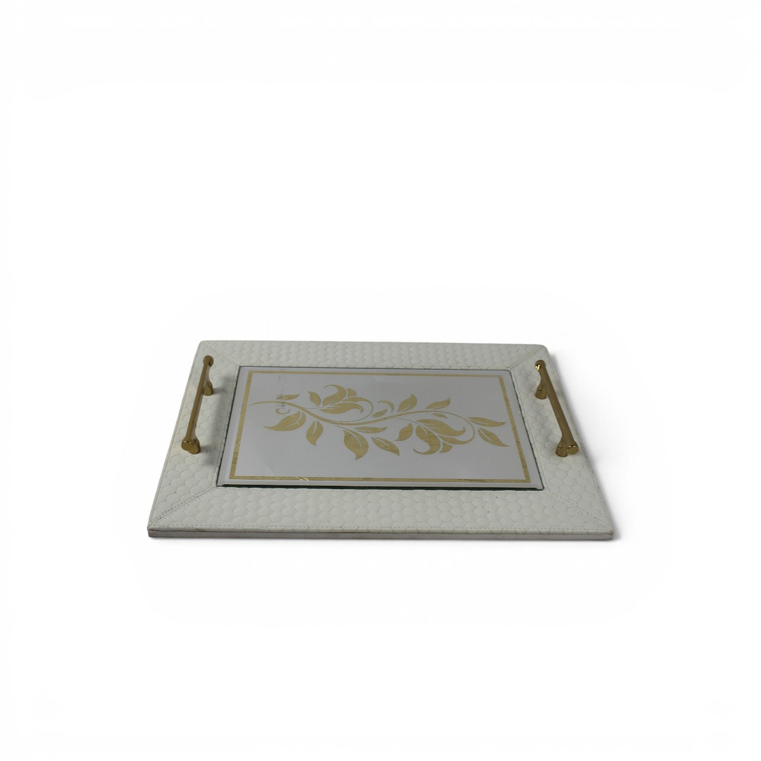 White Quilted Leather Mirrored Serving Tray with Gold Handles – Rectangular Decorative Vanity Tray