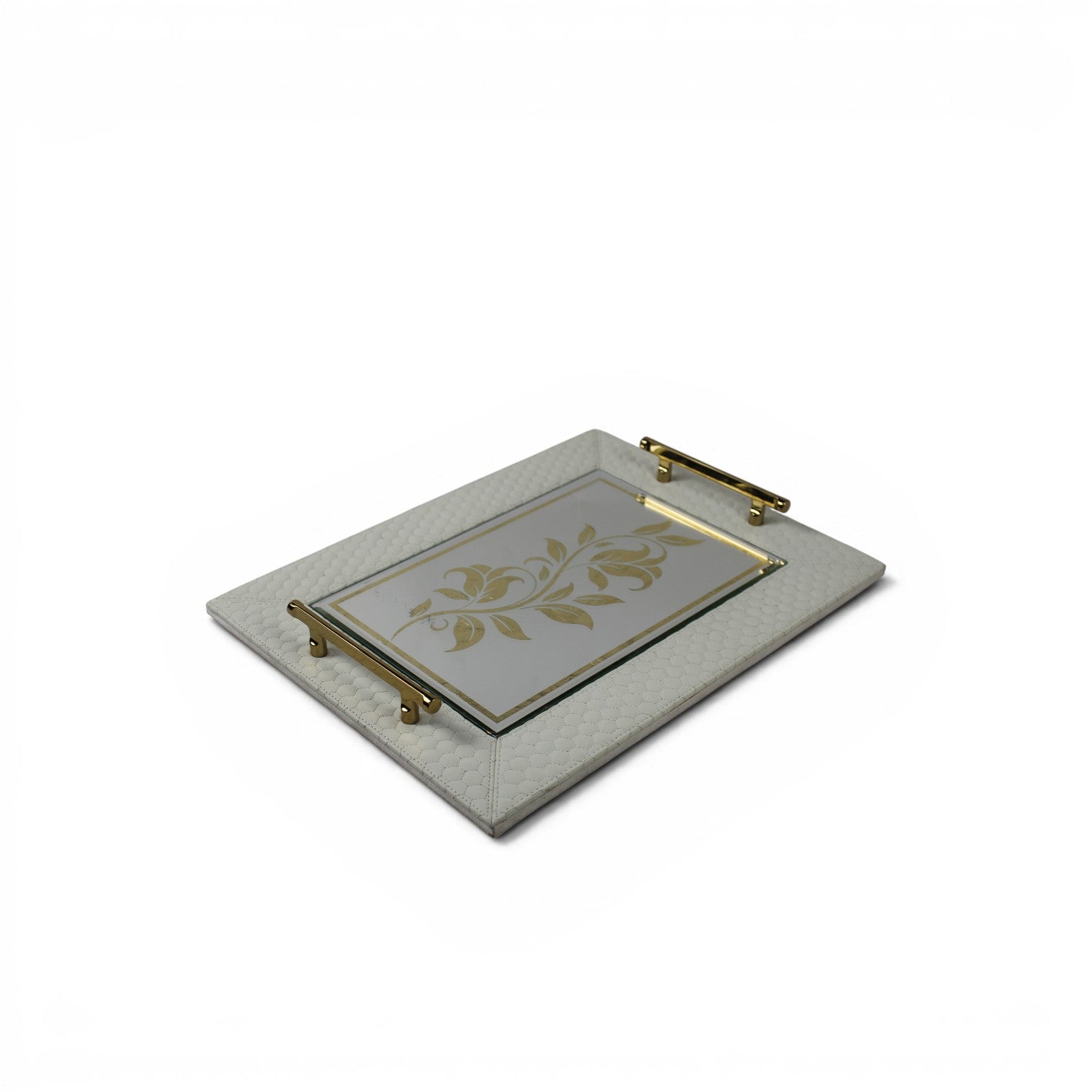 White Quilted Leather Mirrored Serving Tray with Gold Handles – Rectangular Decorative Vanity Tray