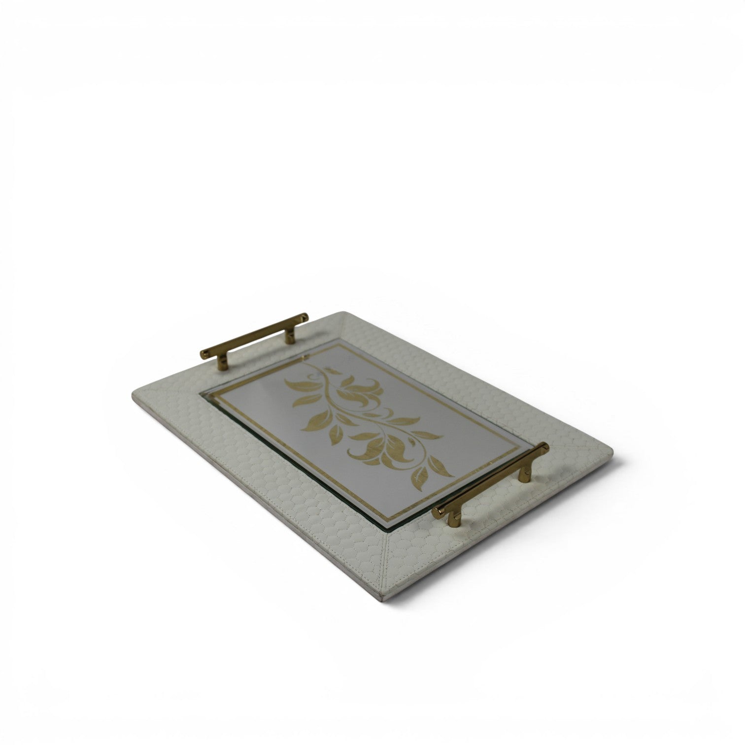 White Quilted Leather Mirrored Serving Tray with Gold Handles – Rectangular Decorative Vanity Tray