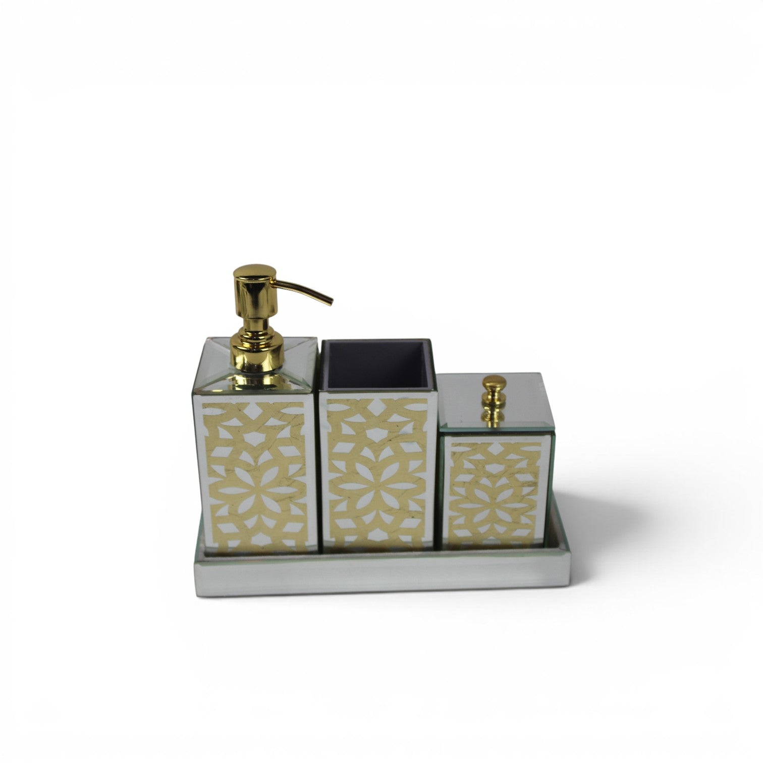 Mirrored Mosaic Bathroom Accessory Set with Tray – Gold & White Geometric Design (3-Piece)