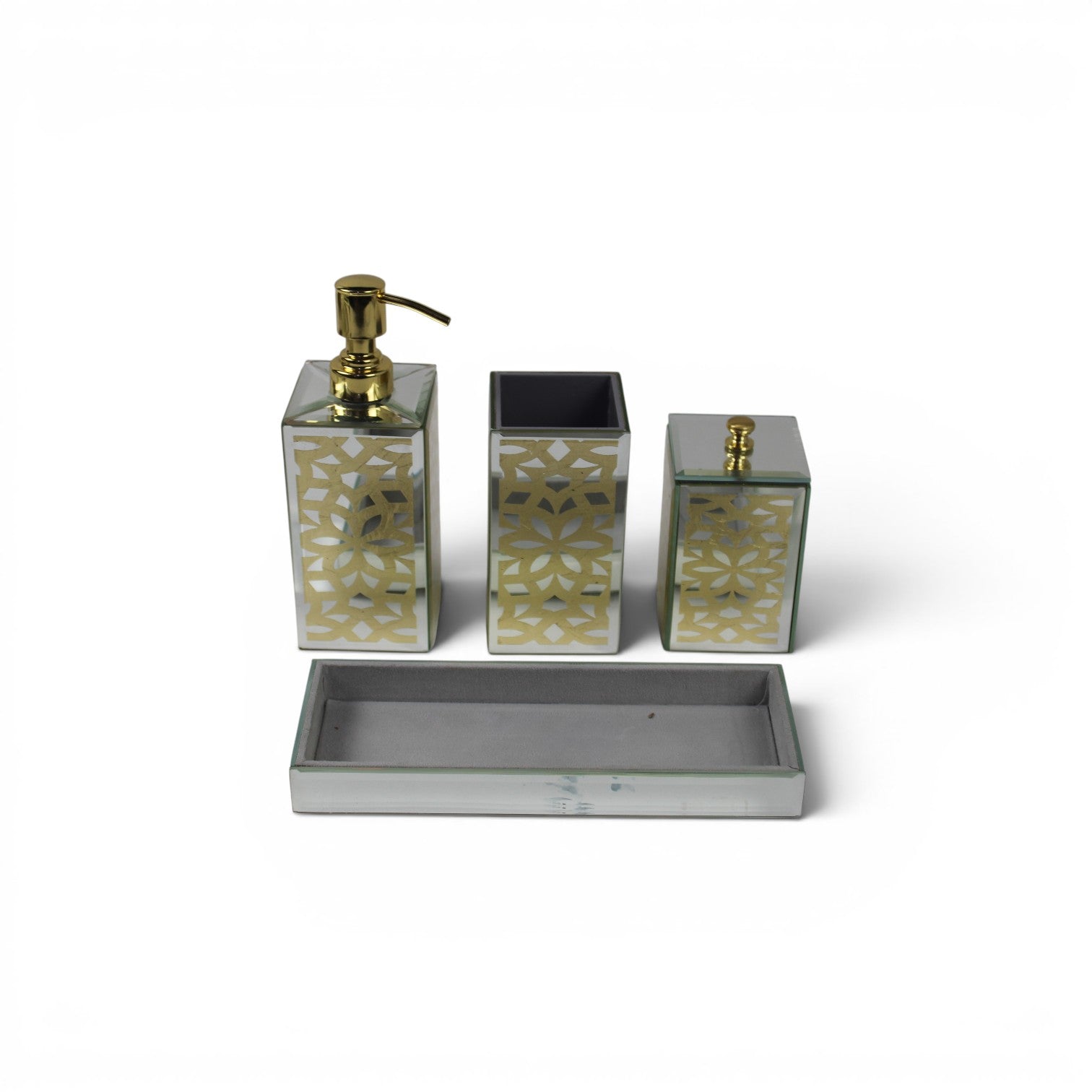 Mirrored Mosaic Bathroom Accessory Set with Tray – Gold & White Geometric Design (3-Piece)