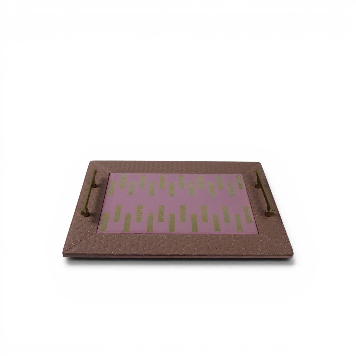 Mauve Quilted Leather Serving Tray with Pink & Gold Geometric Center and Gold Handles