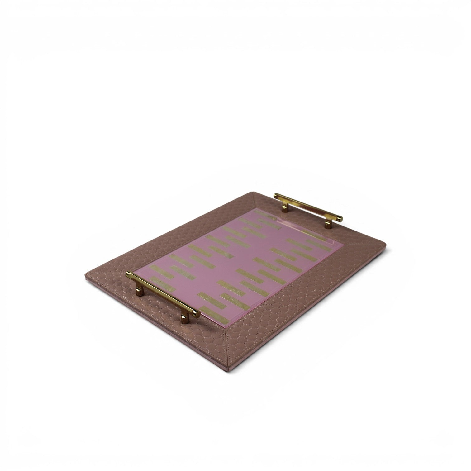 Mauve Quilted Leather Serving Tray with Pink & Gold Geometric Center and Gold Handles