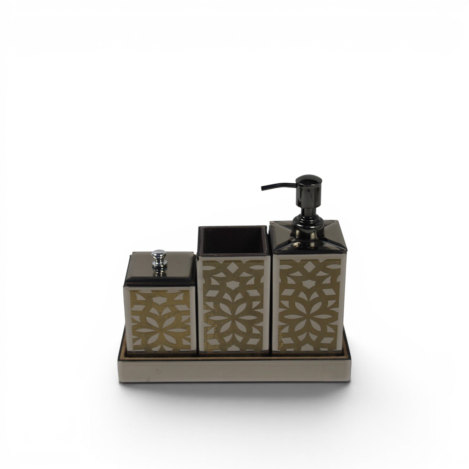 Mirrored Mosaic Bathroom Accessory Set with Tray – Golden & Silver Geometric Design (3-Piece)