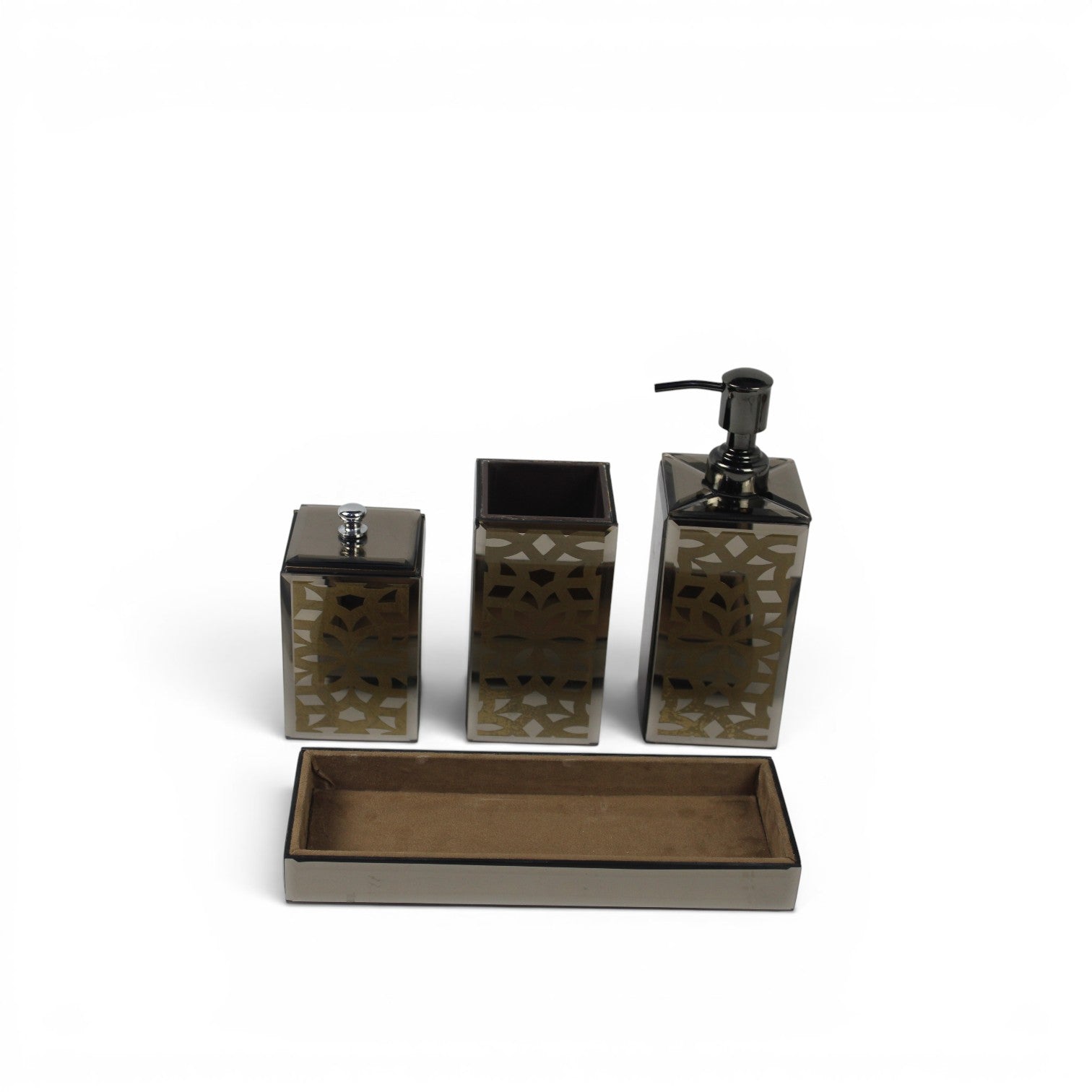 Mirrored Mosaic Bathroom Accessory Set with Tray – Golden & Silver Geometric Design (3-Piece)
