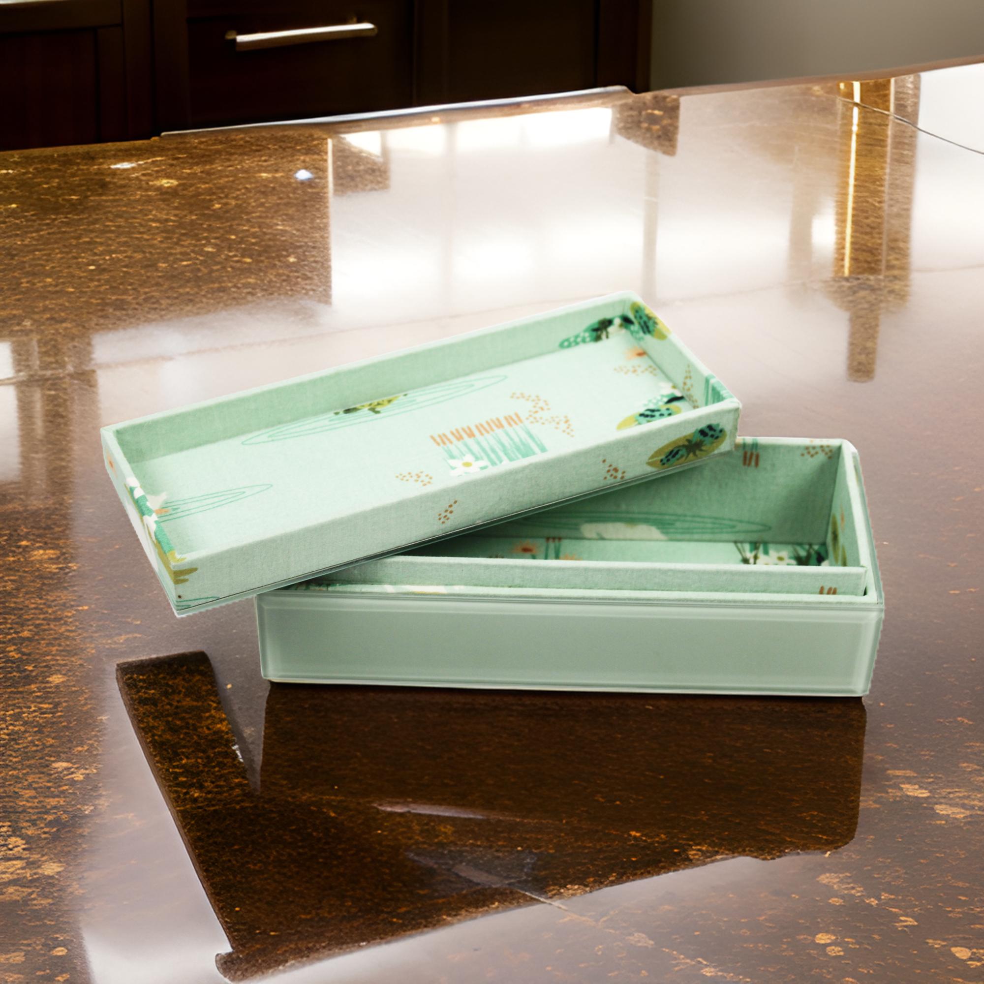 Printed Cottan Fabric with Light Green Mirror Multipurpose Storage Box