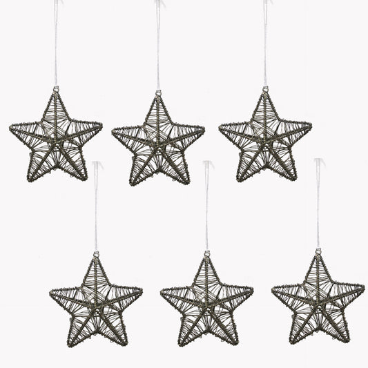 Set of 6 Grey Metal Star Christmas Hanging Ornaments