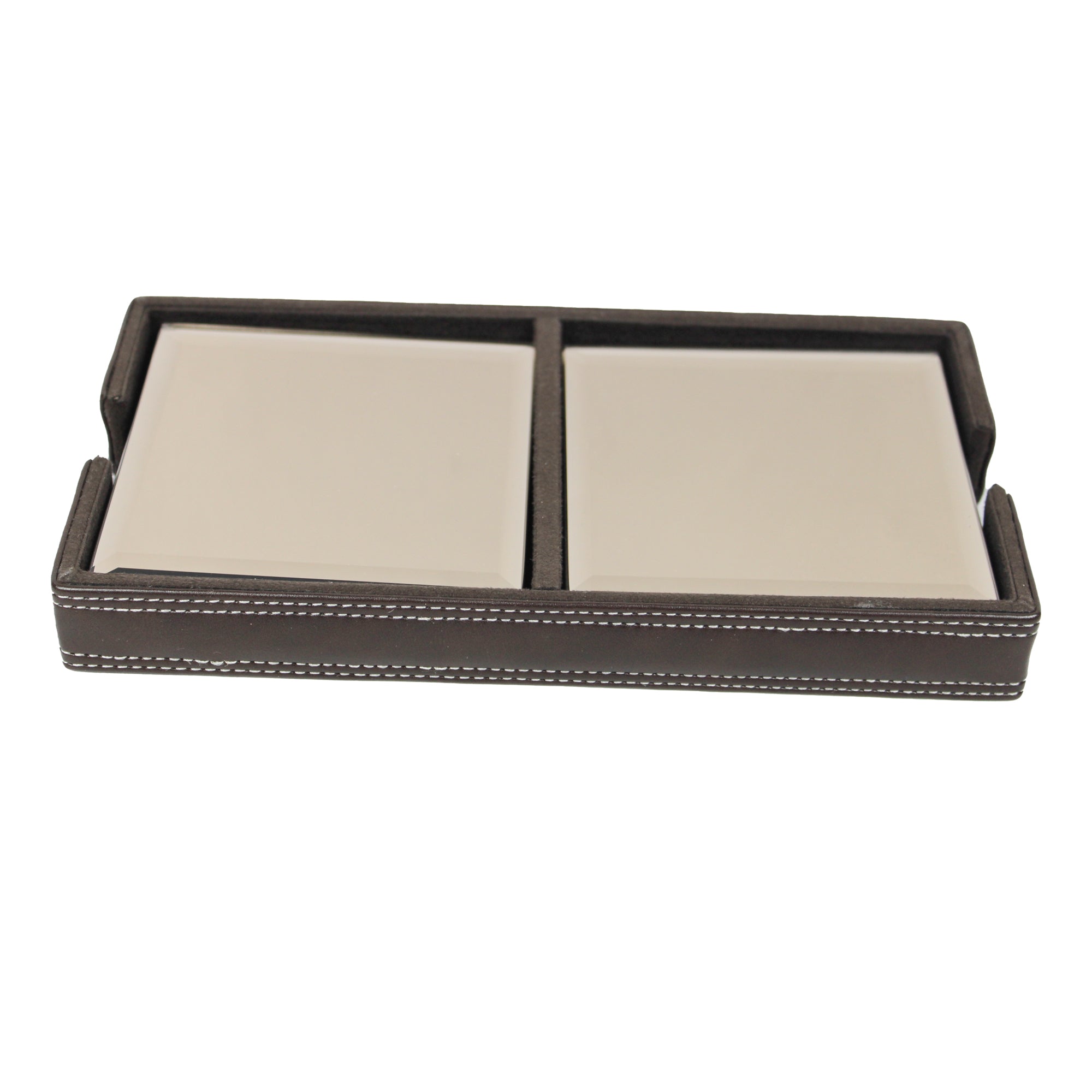 Brown Glass Coasters Set of Eight with Leatherite Caddy Tray
