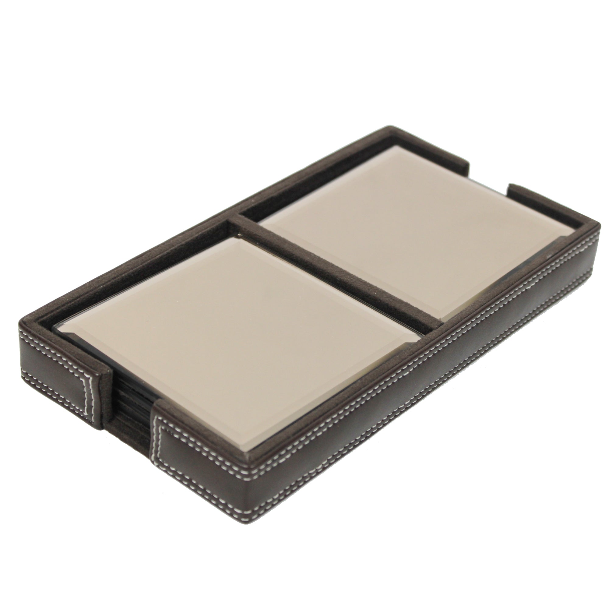 Brown Glass Coasters Set of Eight with Leatherite Caddy Tray