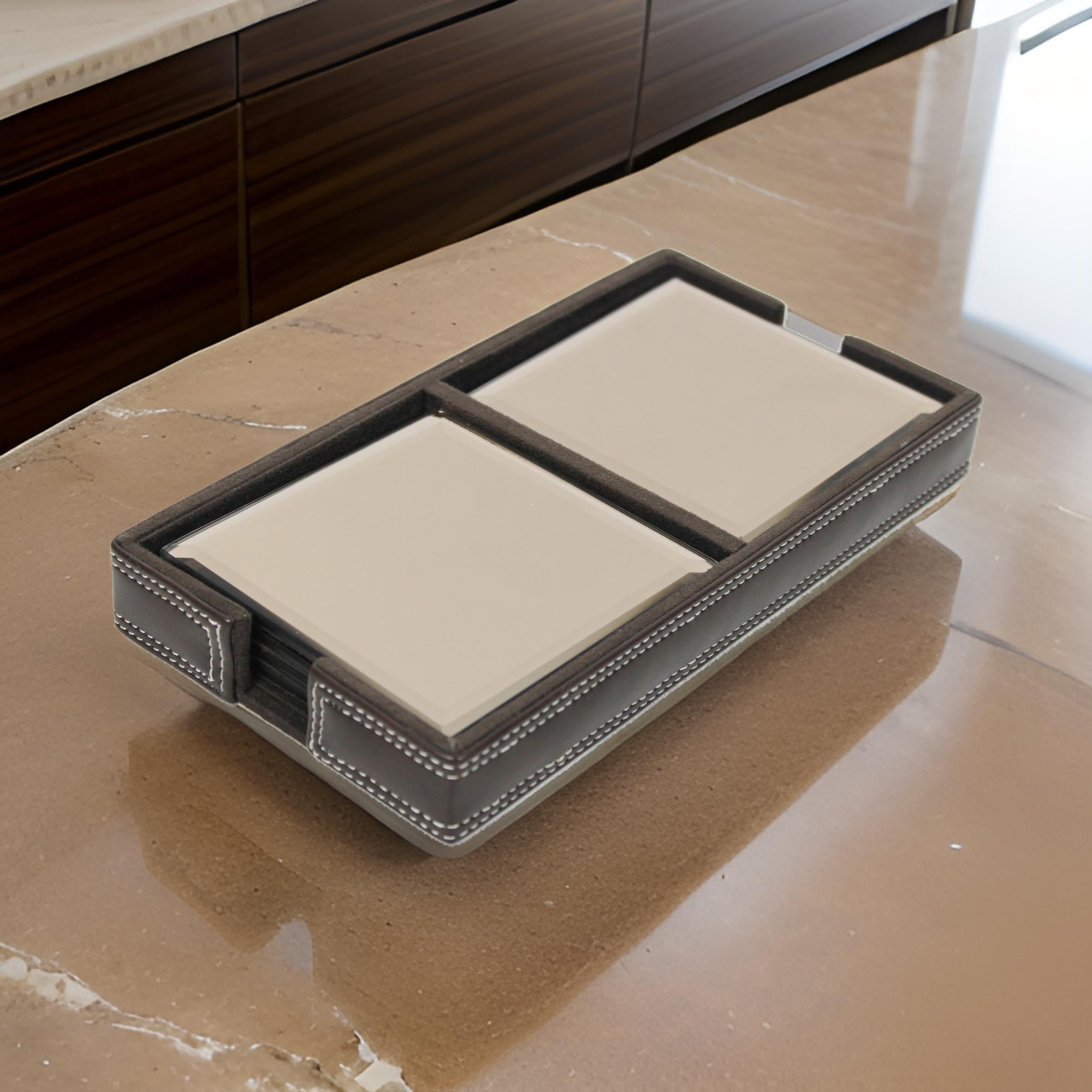 Brown Glass Coasters Set of Eight with Leatherite Caddy Tray